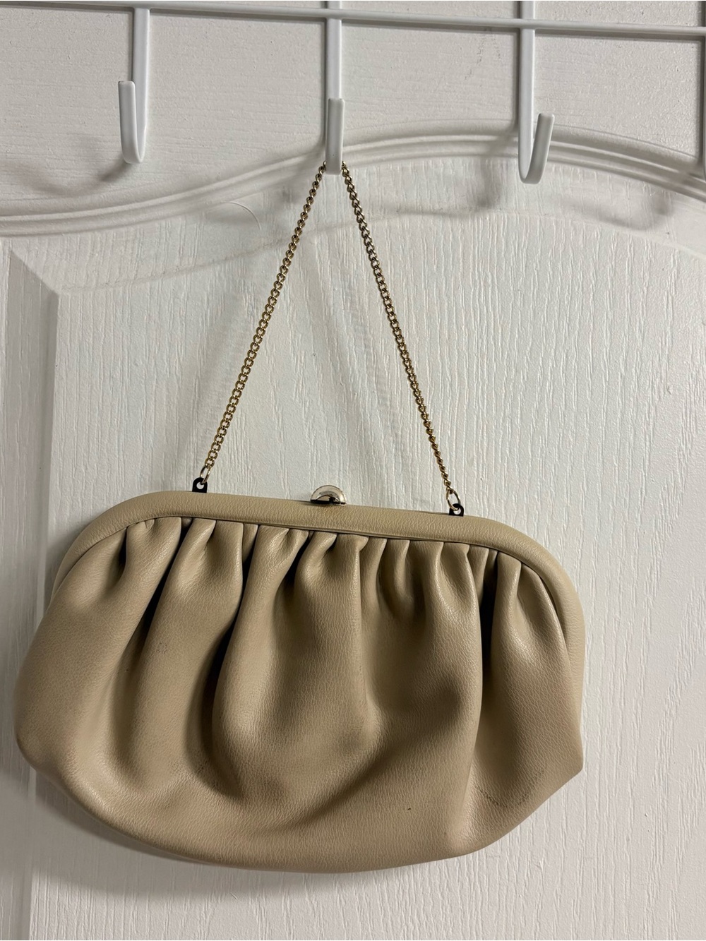 Soft Gathered Mini Shoulder Bag in Beige with Gold Chain